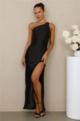 The Aurora One Shoulder Satin Maxi Dress Black