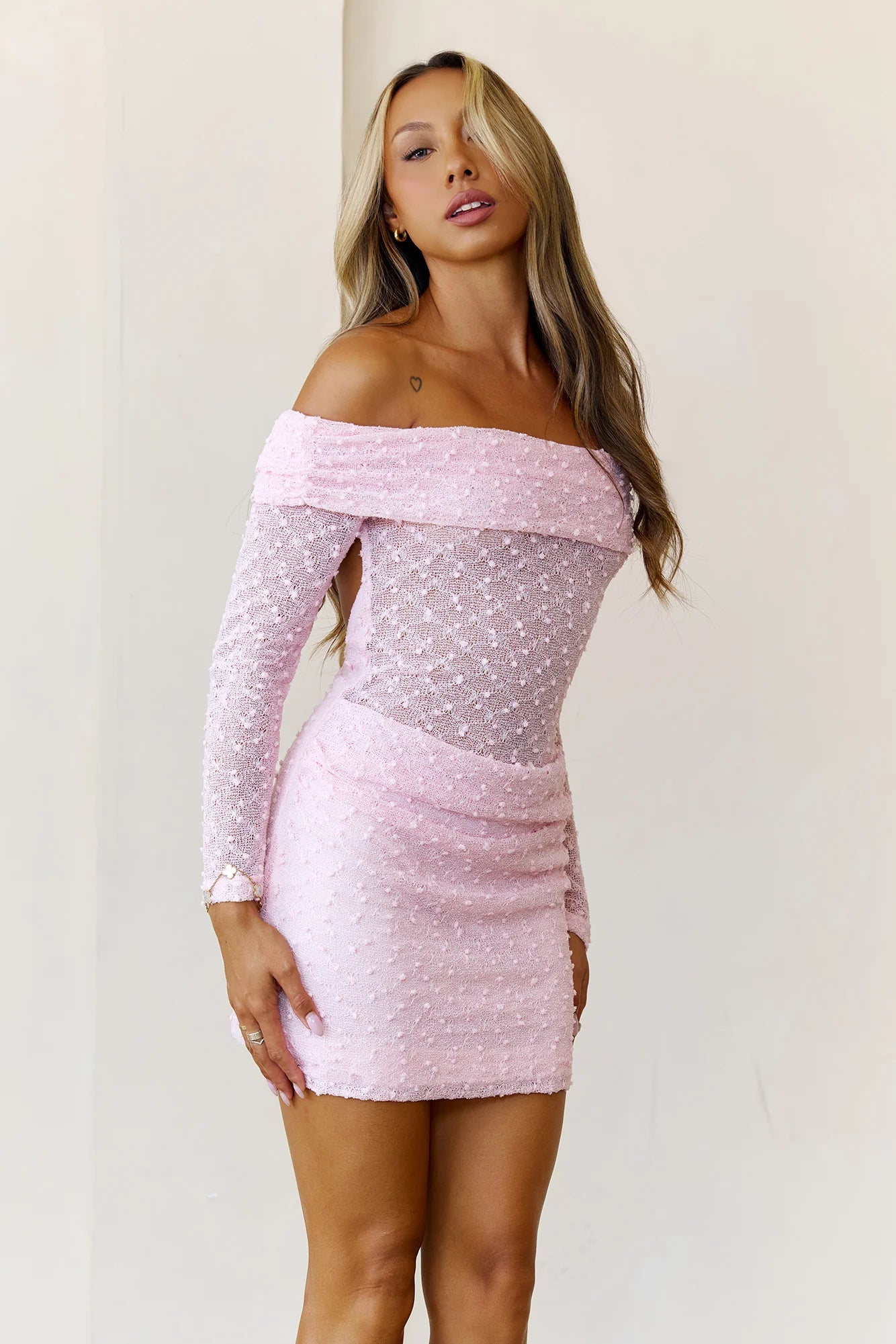 Vibe Verified Off Shoulder Mini Dress Pink
