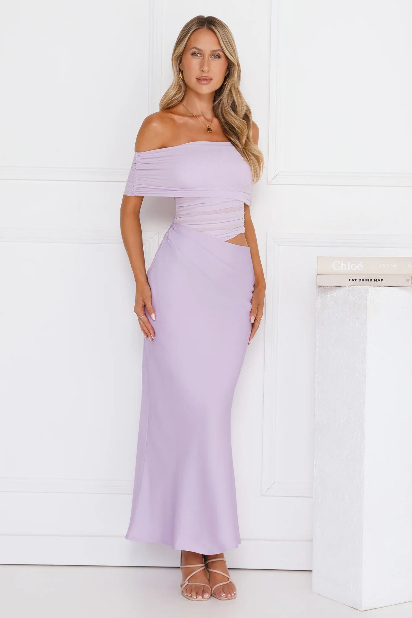 Velvet Sky Off Shoulder Mesh Maxi Dress Lilac