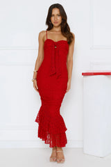 Frosted Rose Mesh Midi Dress Red