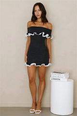 Glimmering Noir Off Shoulder Lace Mini Dress Black