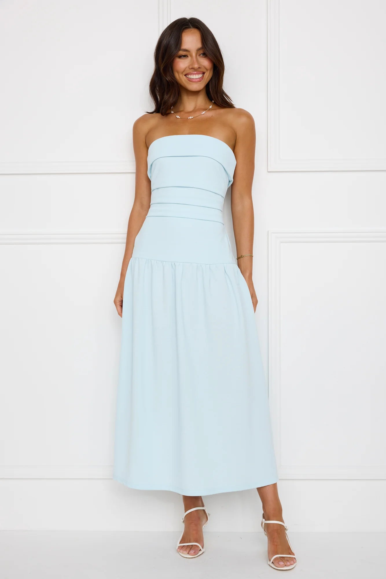 Effortlessly Posh Strapless Midi Dress Blue
