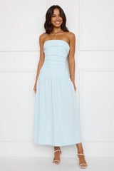 Effortlessly Posh Strapless Midi Dress Blue