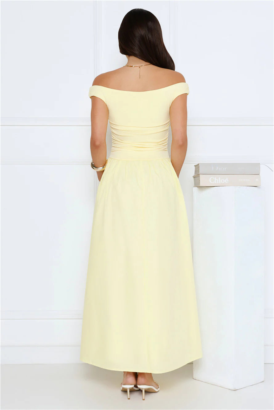 Camellia Charm Off Shoulder Maxi Dress Yellow