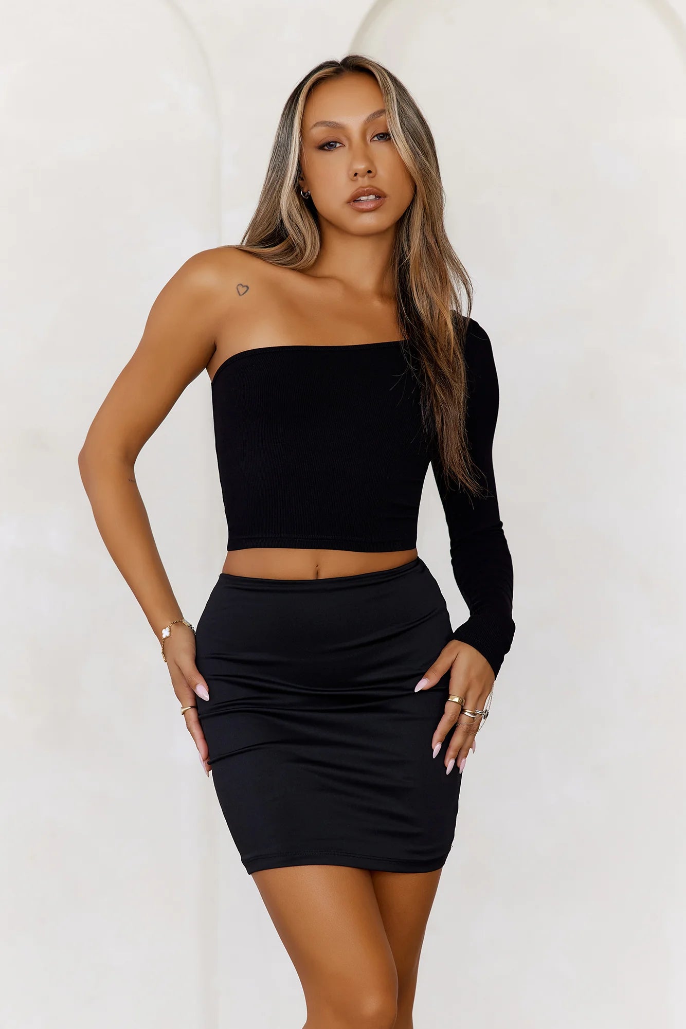 BASE The On My Side One Shoulder Ribbed Top Black