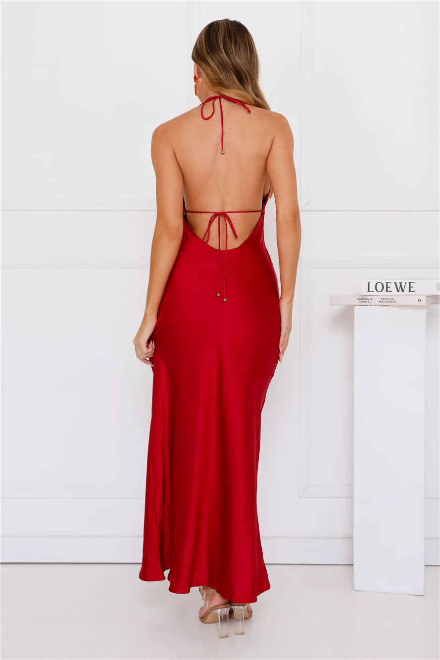 Enchanted Daybreak Halter Satin Maxi Dress Red