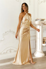 Frosted Glimmer Satin Halter Maxi Dress Gold
