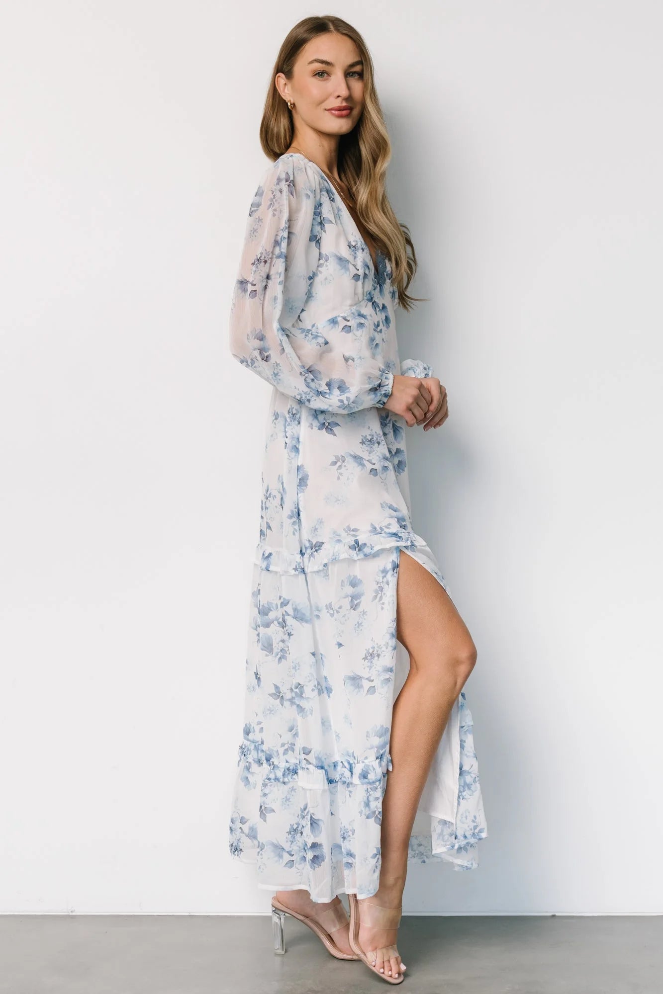 Rumi Deep V Maxi Dress | Off White + Blue Floral