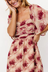 Jaycee Pleated Short Dress | Cream + Burgundy Floral