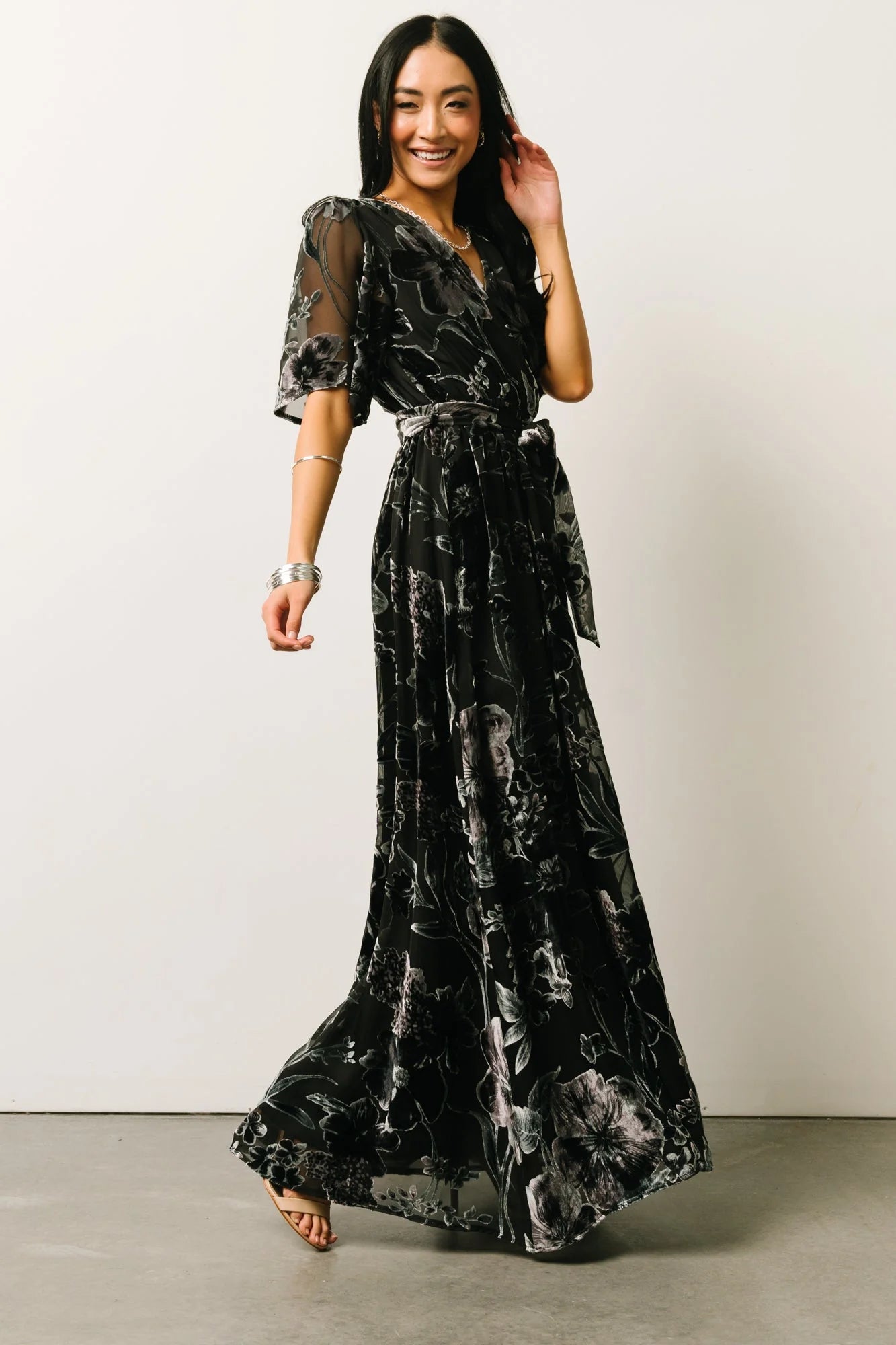 Uma Velvet Maxi Dress | Black + Silver Floral