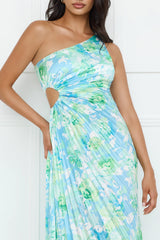 Emerald Ice One Shoulder Satin Pleated Maxi Dress Blue