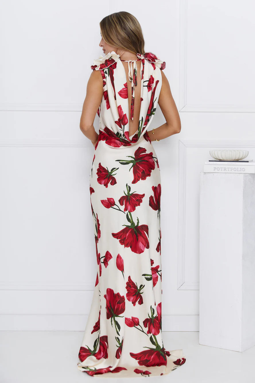 Falling Petals Satin Maxi Dress Ivory