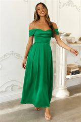 Golden Affair Off Shoulder Satin Maxi Dress Green