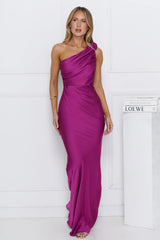 Chase Your Power One Shoulder Satin Maxi Dress Berry