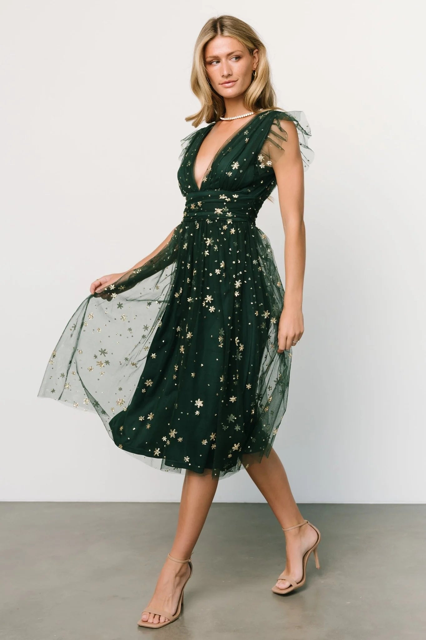 Chiara Shimmer Midi Dress | Green + Gold