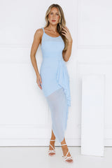 Bayside Watch Off Shoulder Mesh Midi Dress Blue