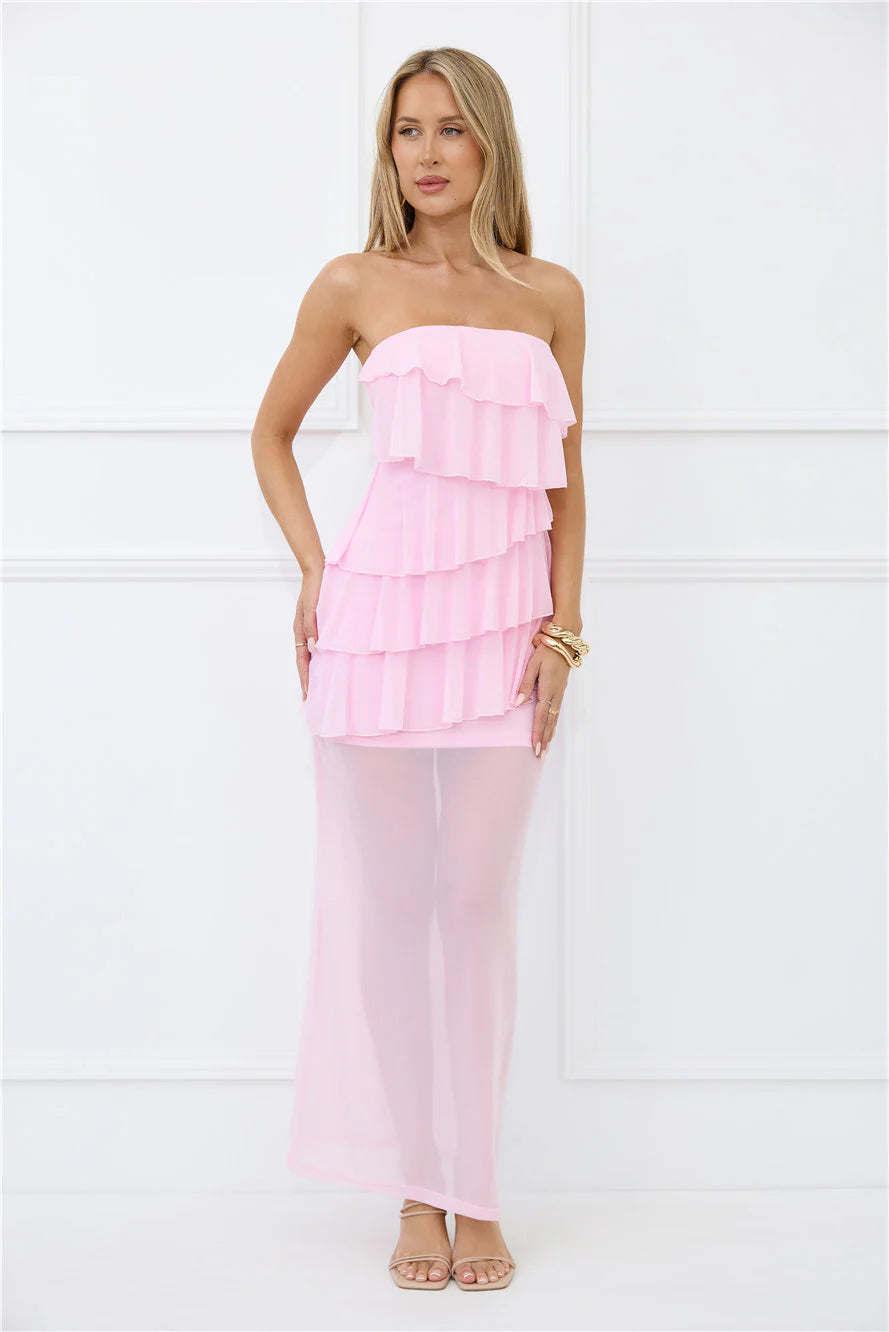 Wisp of Wonder Mesh Strapless Maxi Dress Pink