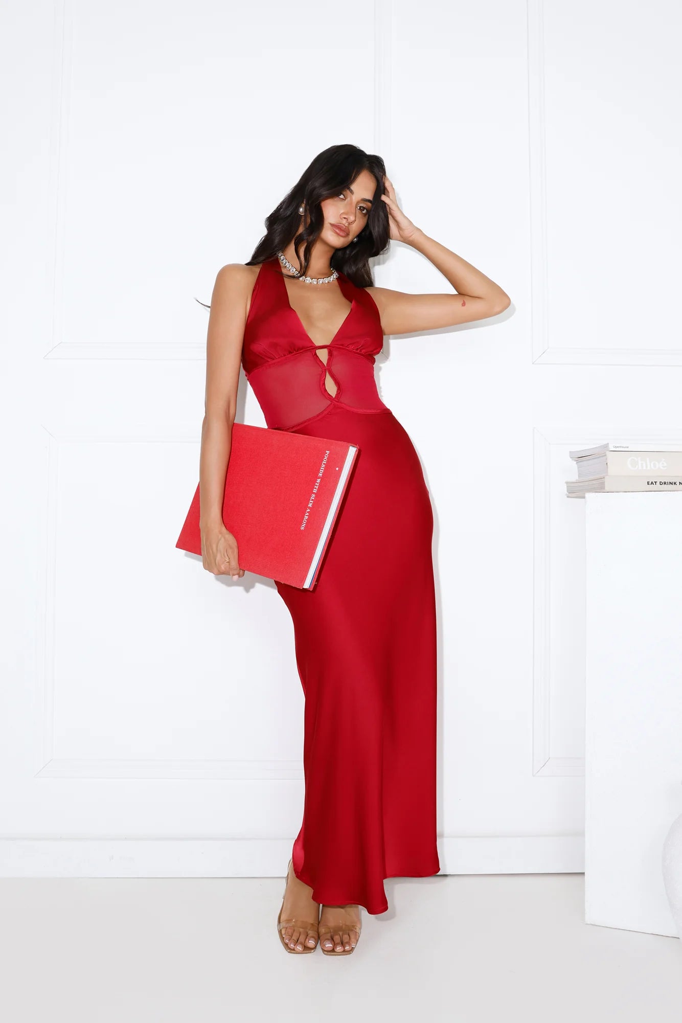 Flowers For Myself Satin Halter Maxi Dress Maroon