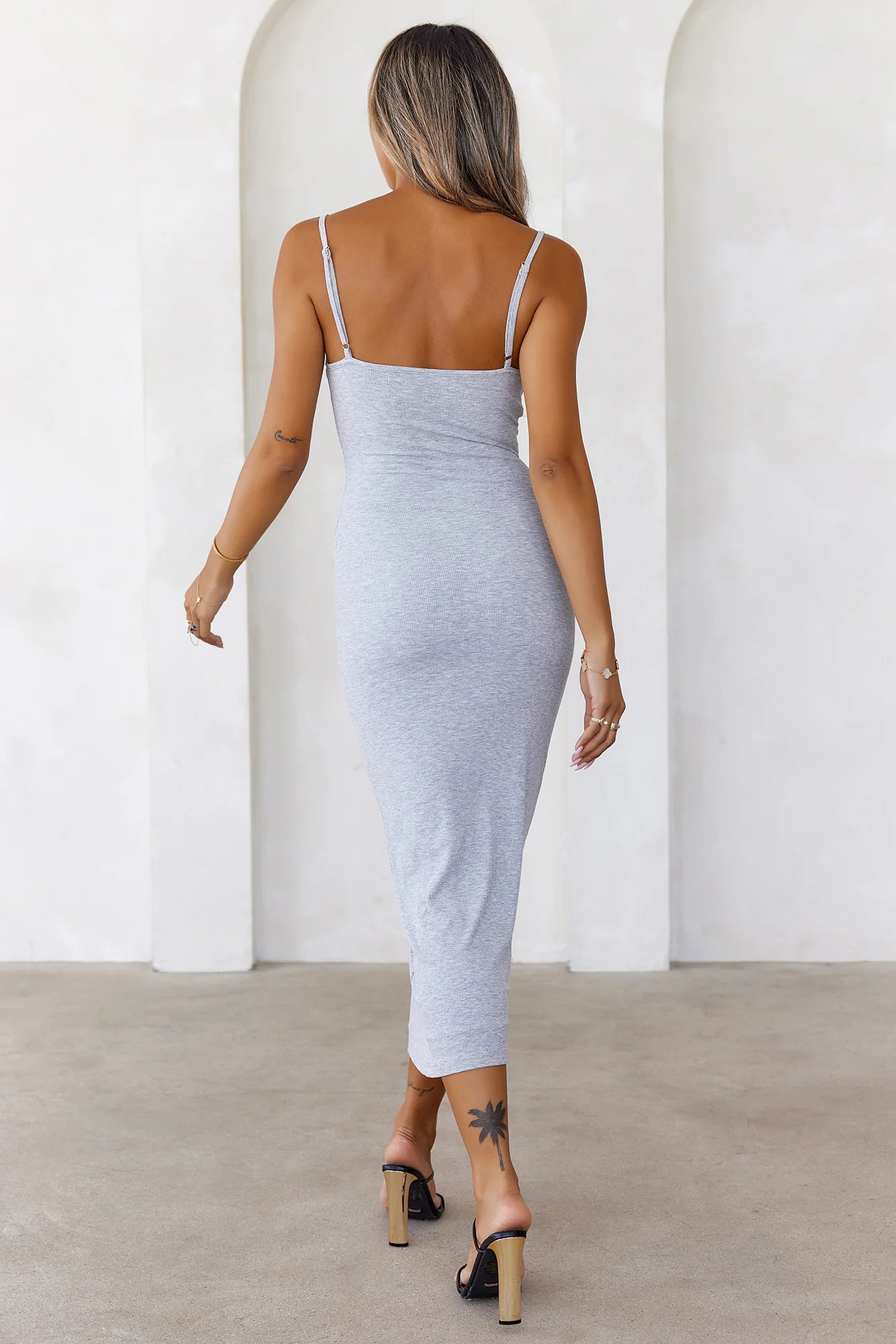 BASE The Smoothing Thin Strap Ribbed Midi Dress Grey
