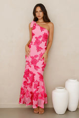Glossy Girl One Shoulder Mesh Maxi Dress Pink