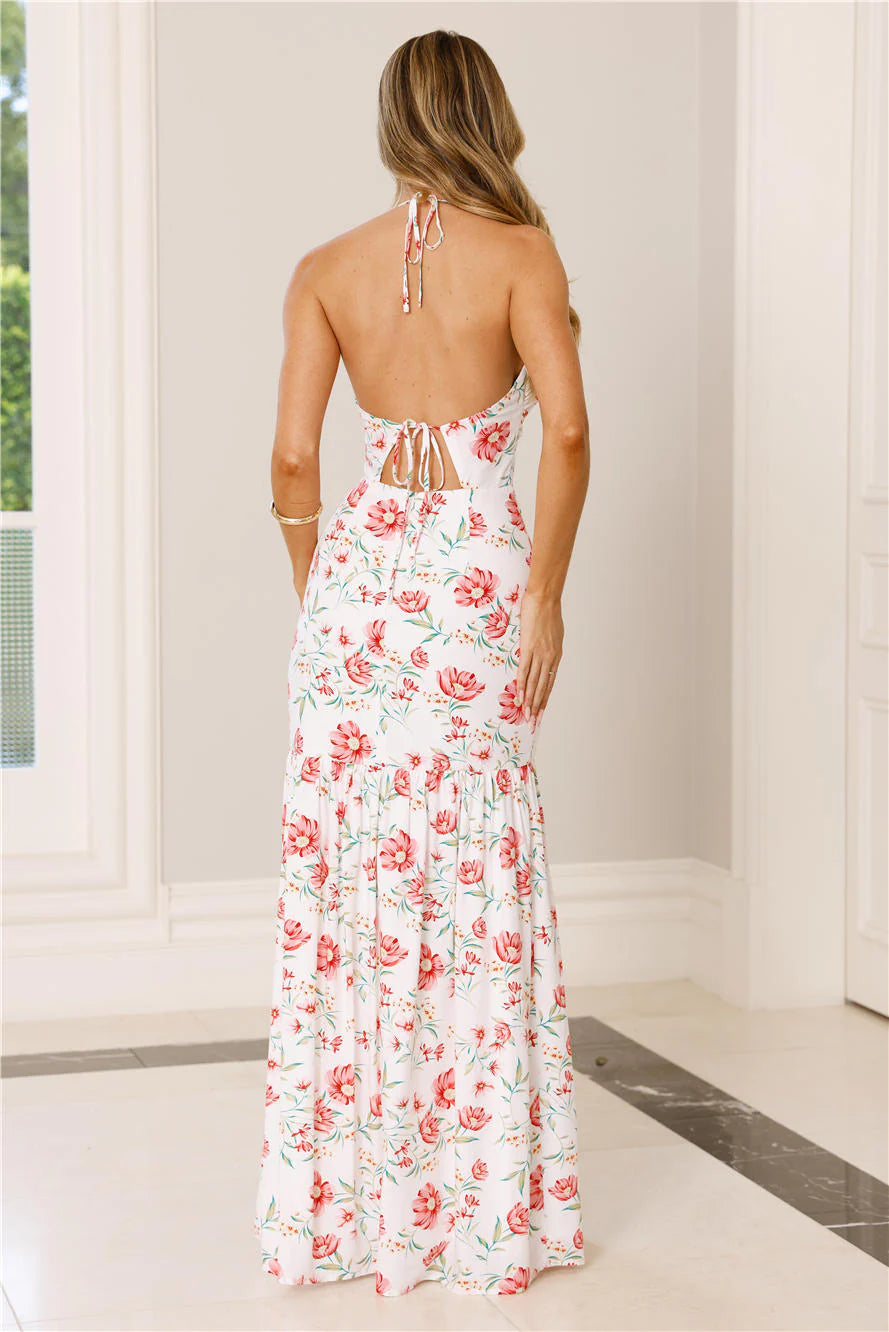 Florals In The Air Halter Maxi Dress White