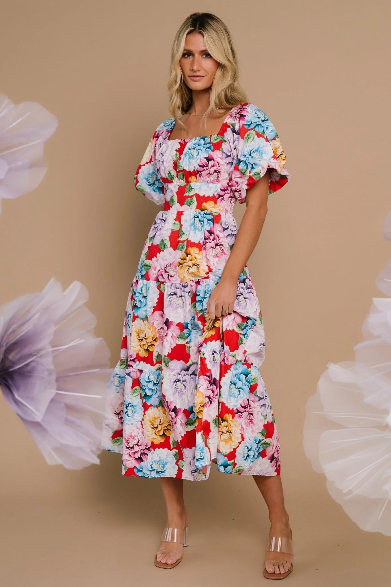 Iva Puff Sleeve Midi Dress | Red Multi Floral