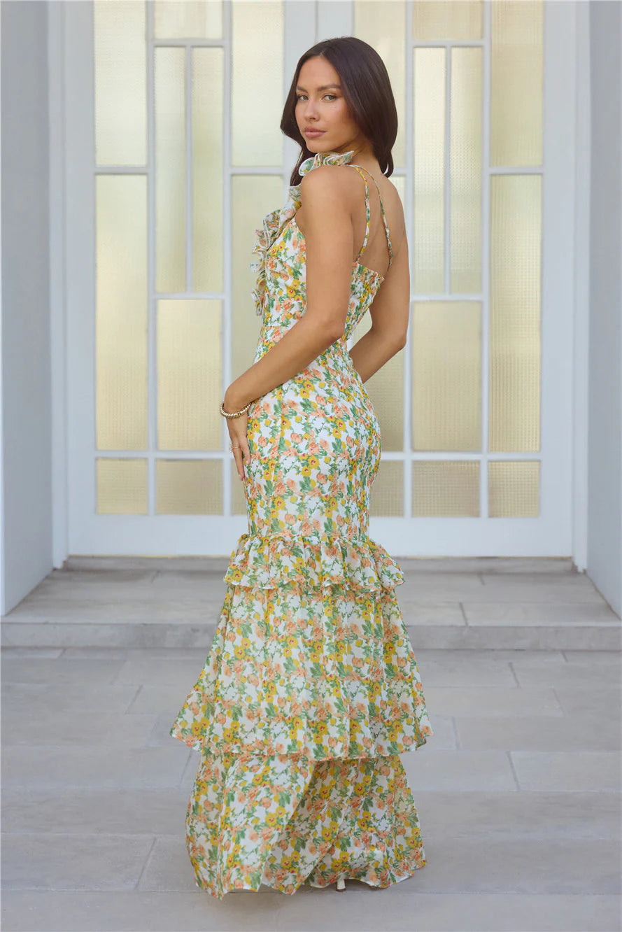 Blooming In Summer One Shoulder Maxi Dress Orange