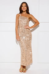 Glittering Gaze Sequin One Shoulder Maxi Dress Gold