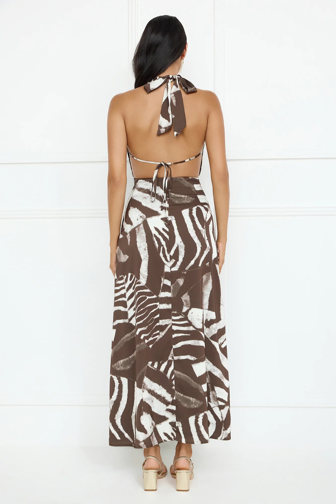 Caribbean Love Satin Halter Maxi Dress Brown