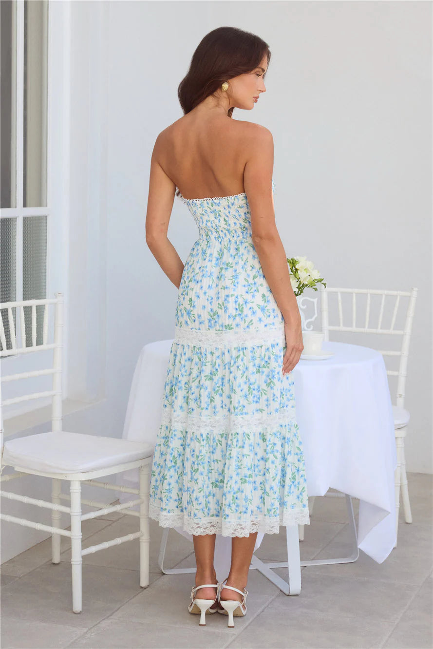 Under Palm Trees Strapless Midi Dress Blue