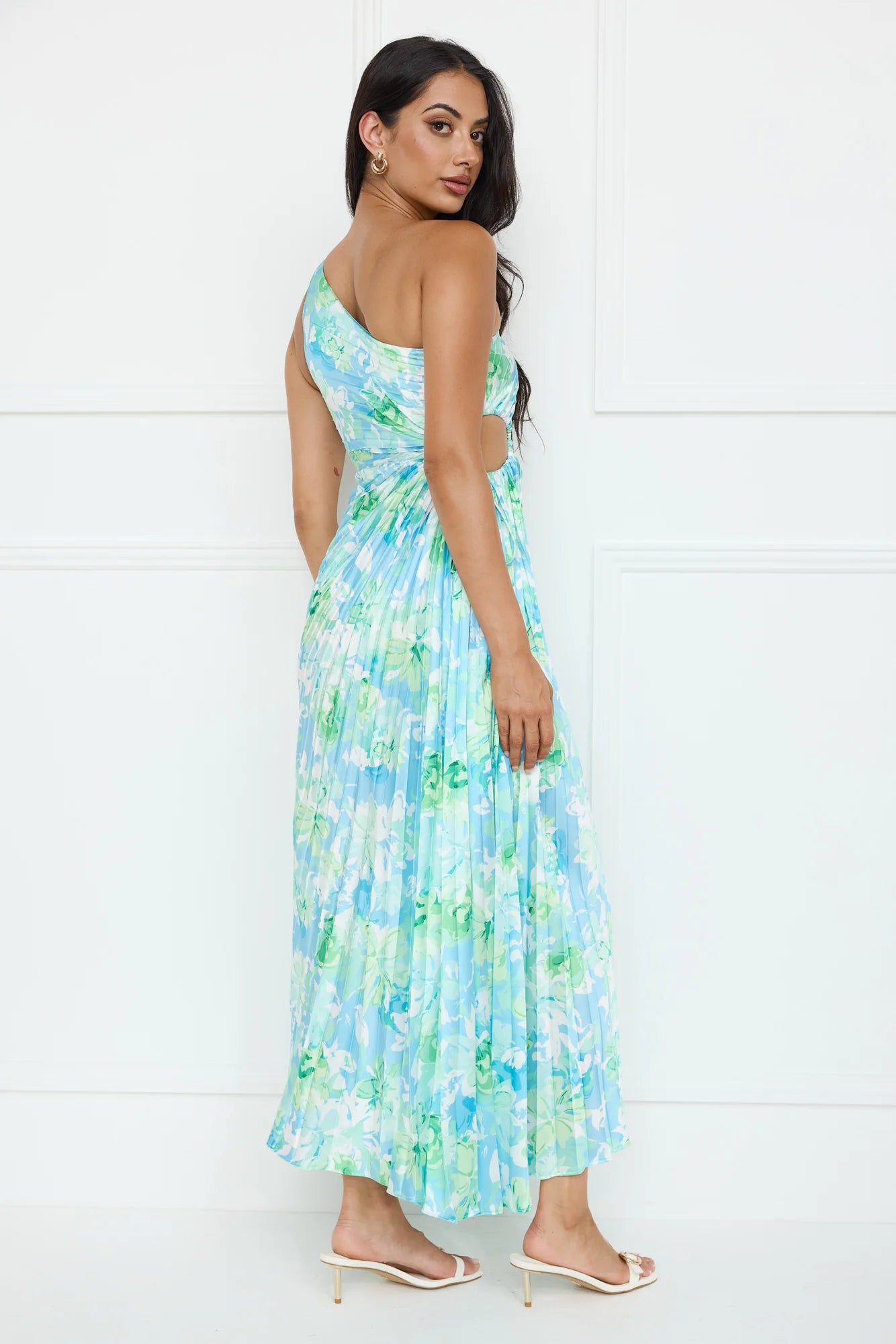 Emerald Ice One Shoulder Satin Pleated Maxi Dress Blue