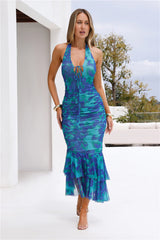 Chic Inspirations Halter Mesh Maxi Dress Green
