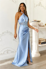 Frosted Glimmer Satin Halter Maxi Dress Blue