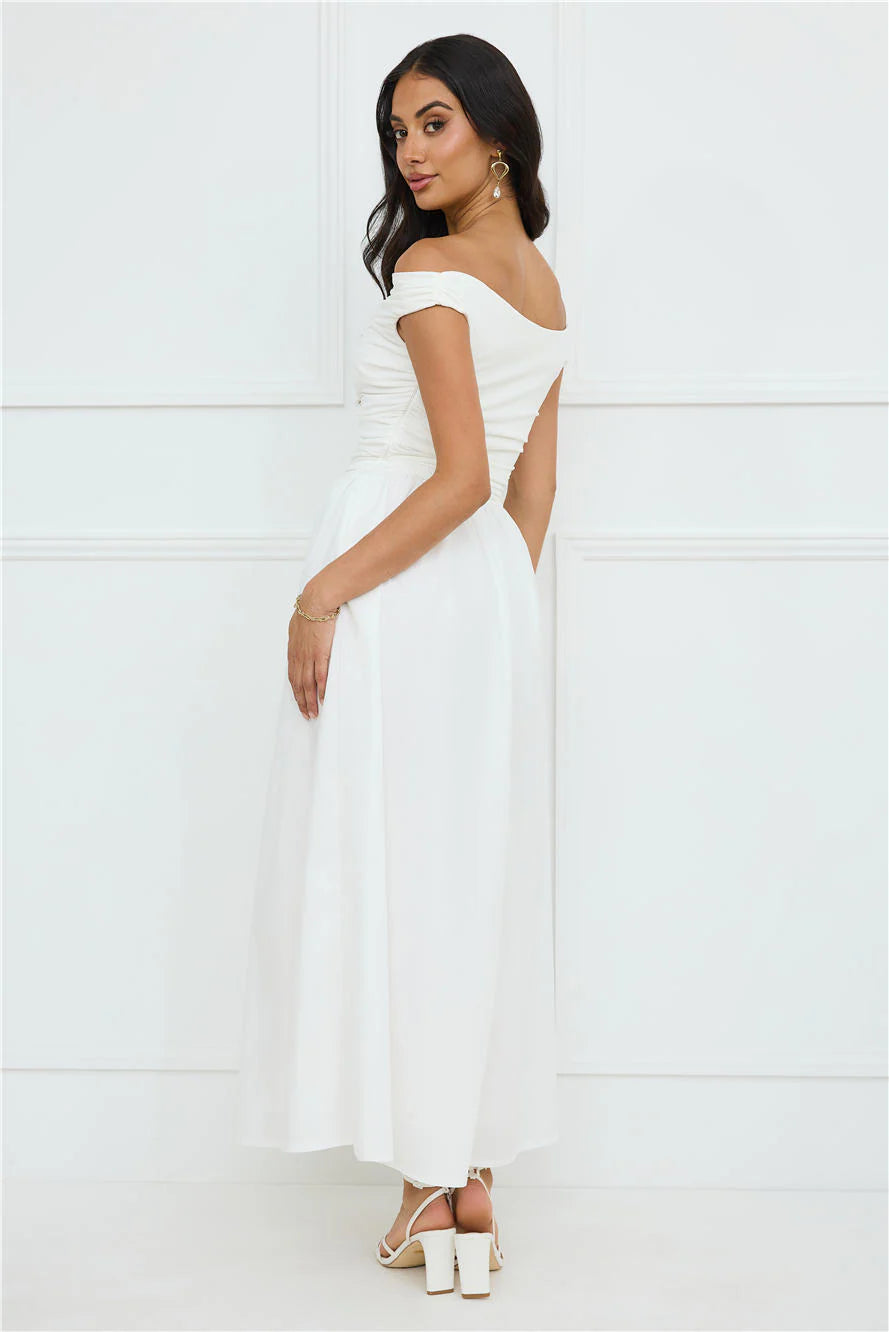 Camellia Charm Off Shoulder Maxi Dress White
