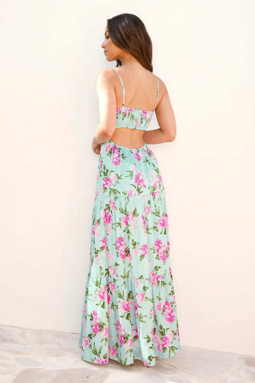 Wildflower Whimsy Satin Maxi Dress Green