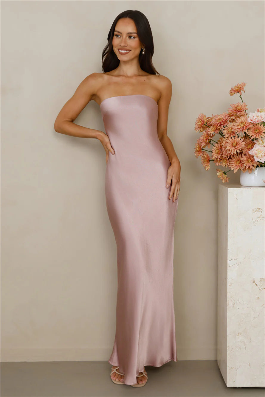 The Felicity Strapless Satin Maxi Dress Dusty Pink
