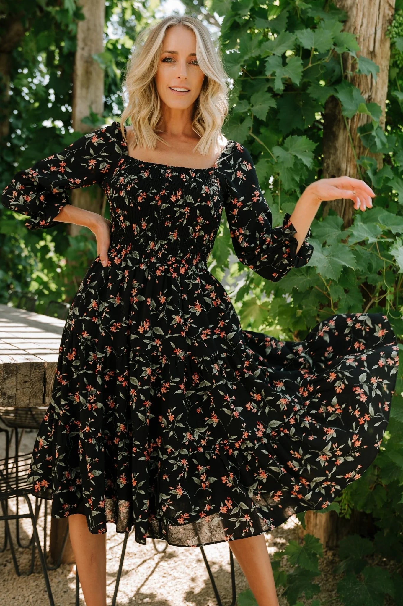 Marta Smocked Midi Dress | Black Floral
