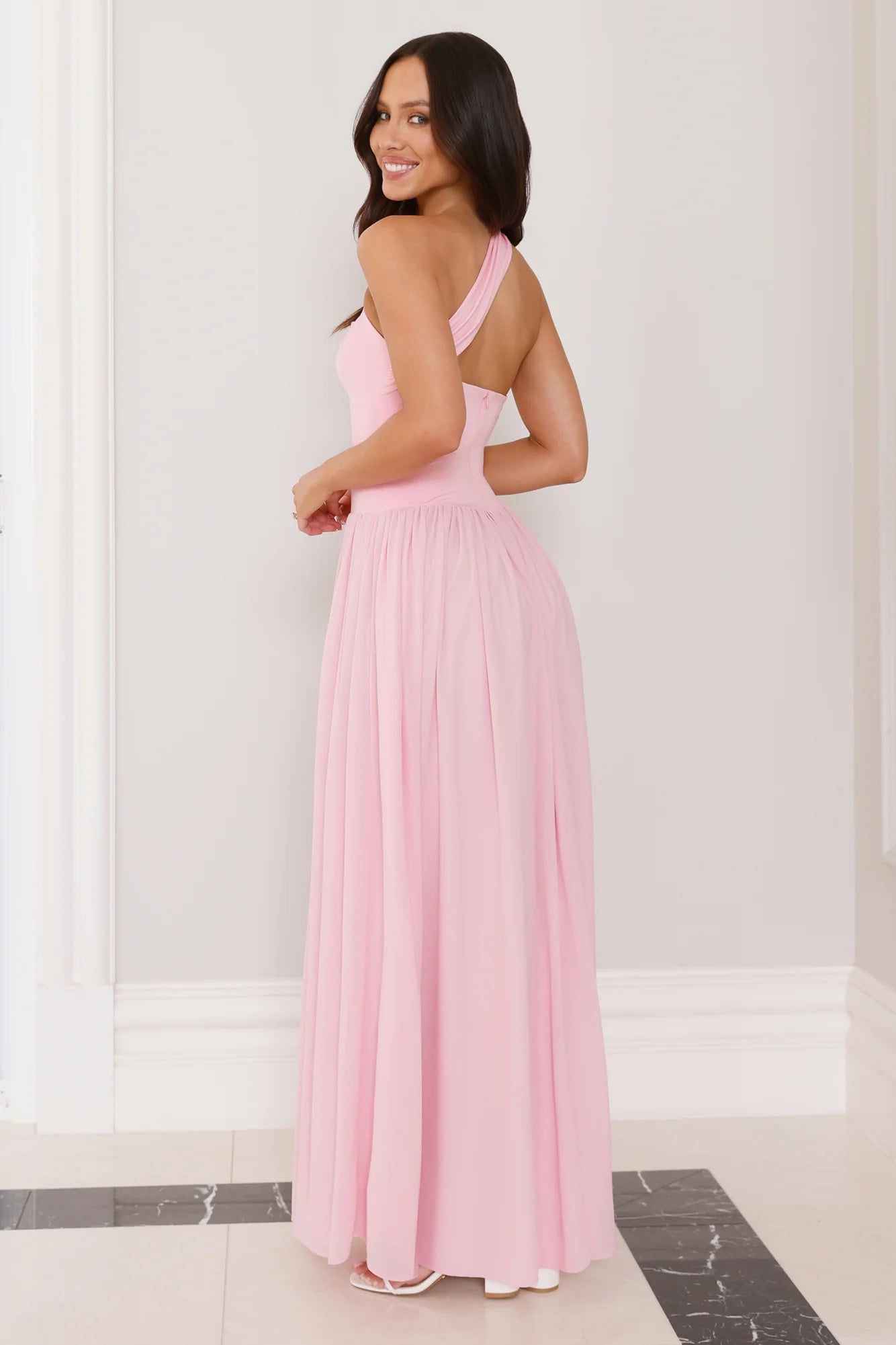 Sunset Waves One Shoulder Maxi Dress Pink