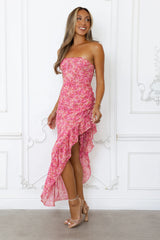 Dancing Dahlia Strapless Midi Dress Pink