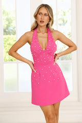 Exclusive Evening Halter Pearl Mini Dress Fuchsia