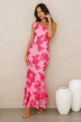 Glossy Girl One Shoulder Mesh Maxi Dress Pink