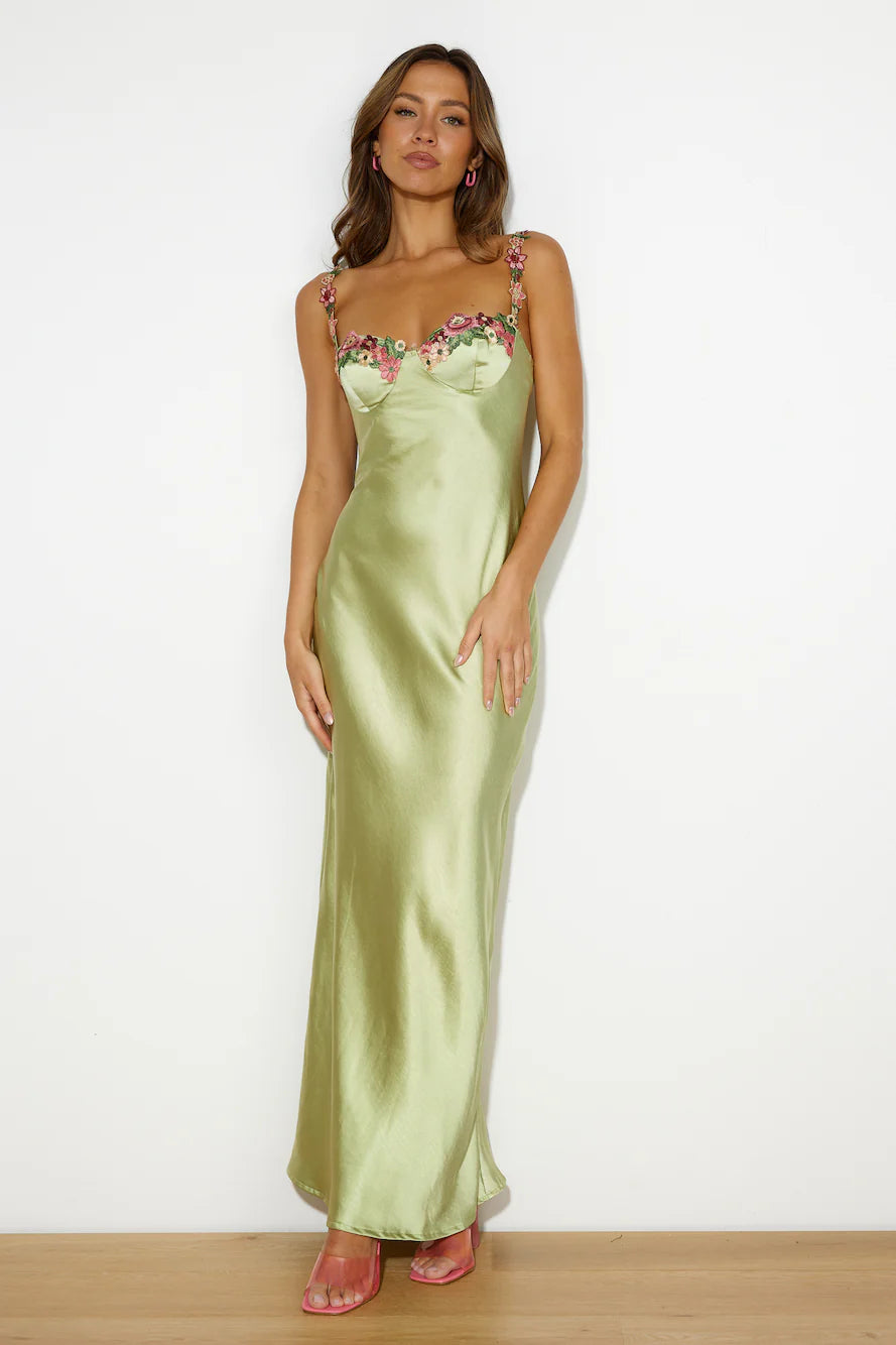 Flower Chains Satin Maxi Dress Green