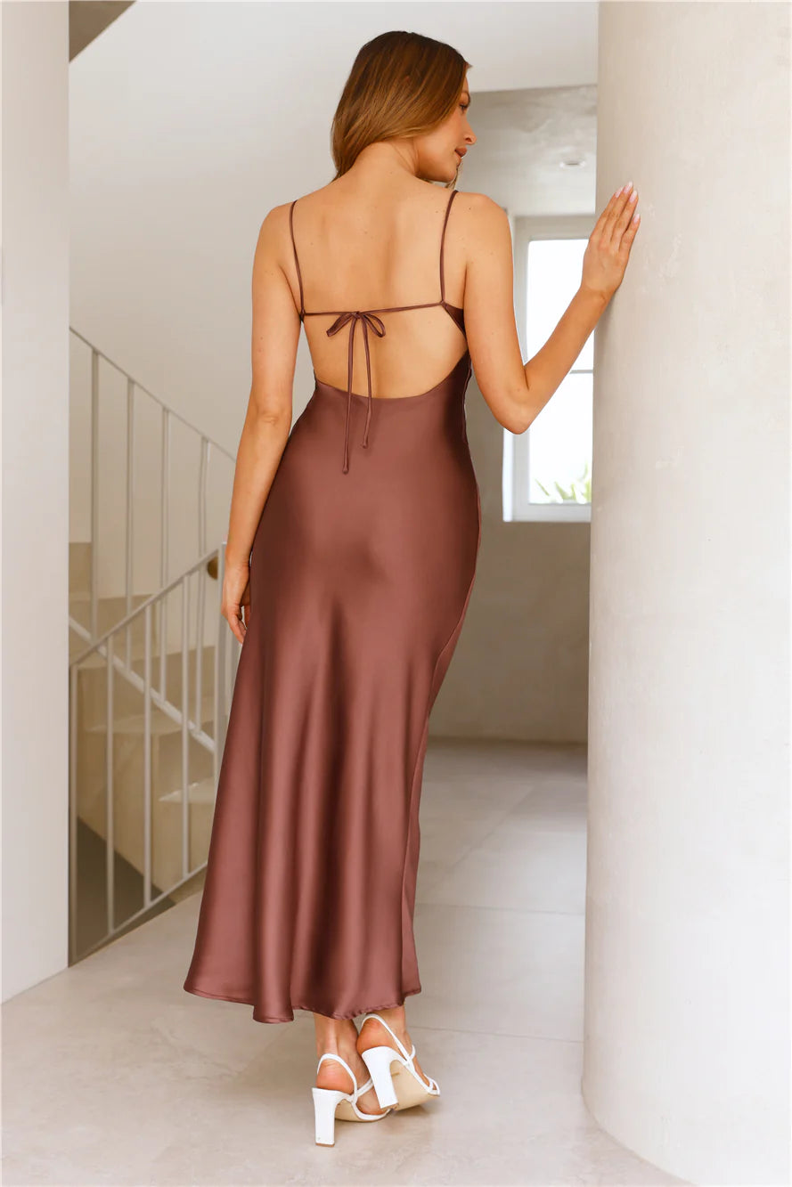 Chic 'Fit Slip Satin Maxi Dress Brown