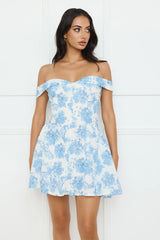 Dewy Blossom Off Shoulder Mini Dress Blue