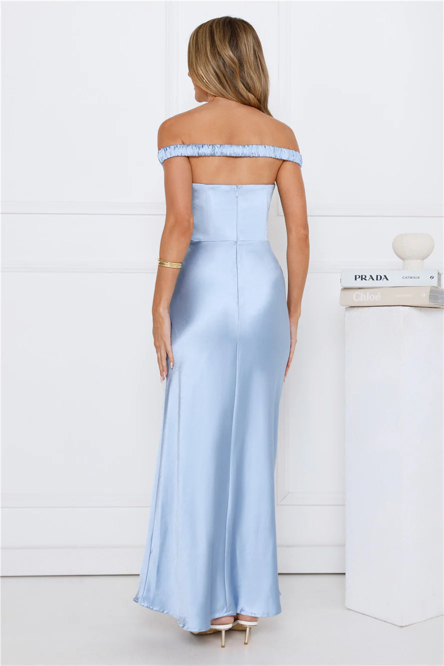 Formal Hourglass Off Shoulder Satin Maxi Dress Blue