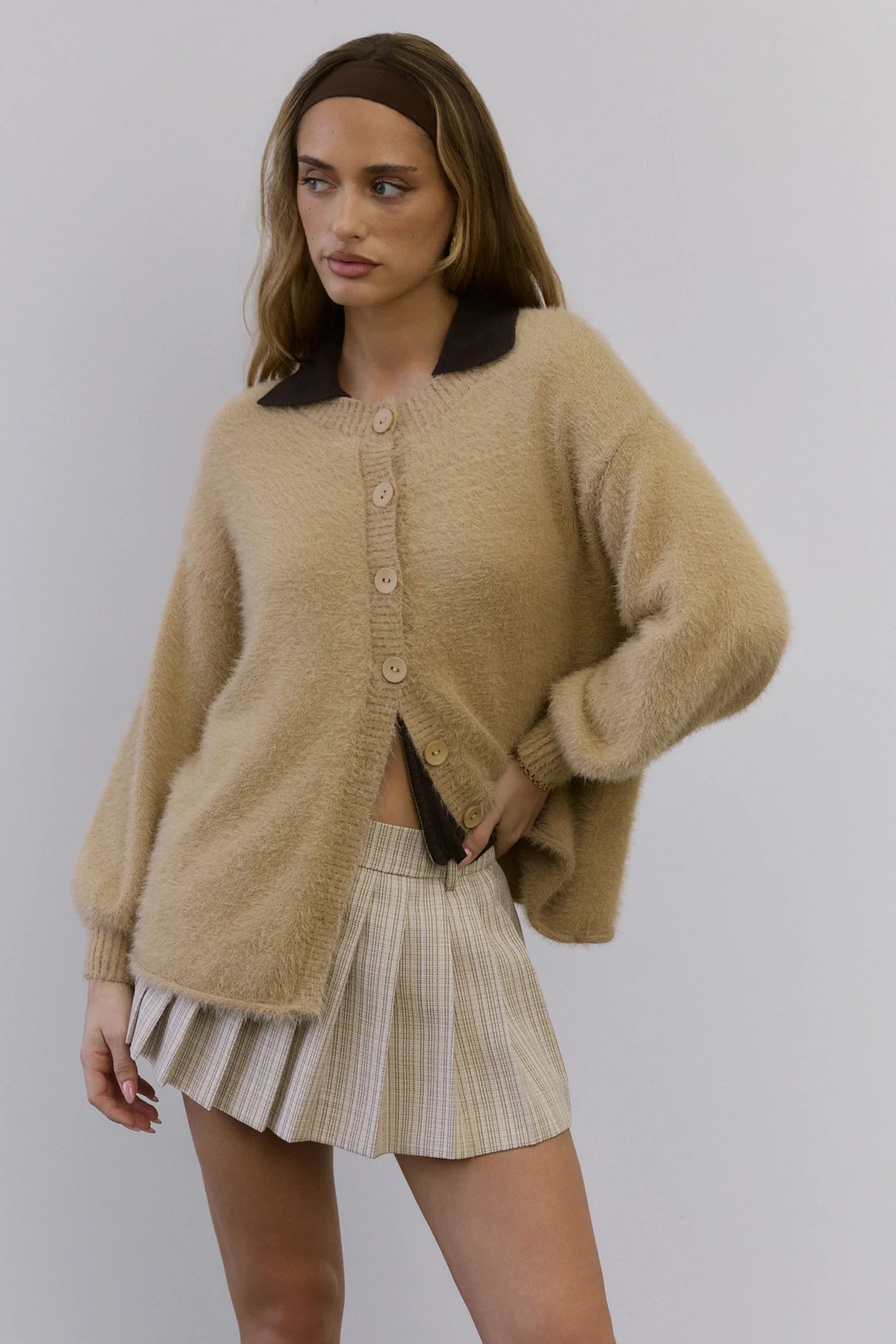 Crisp Snowfall Longline Fluffy Cardigan Tan