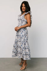 Rhodes Smocked Dress | White + Blue Print