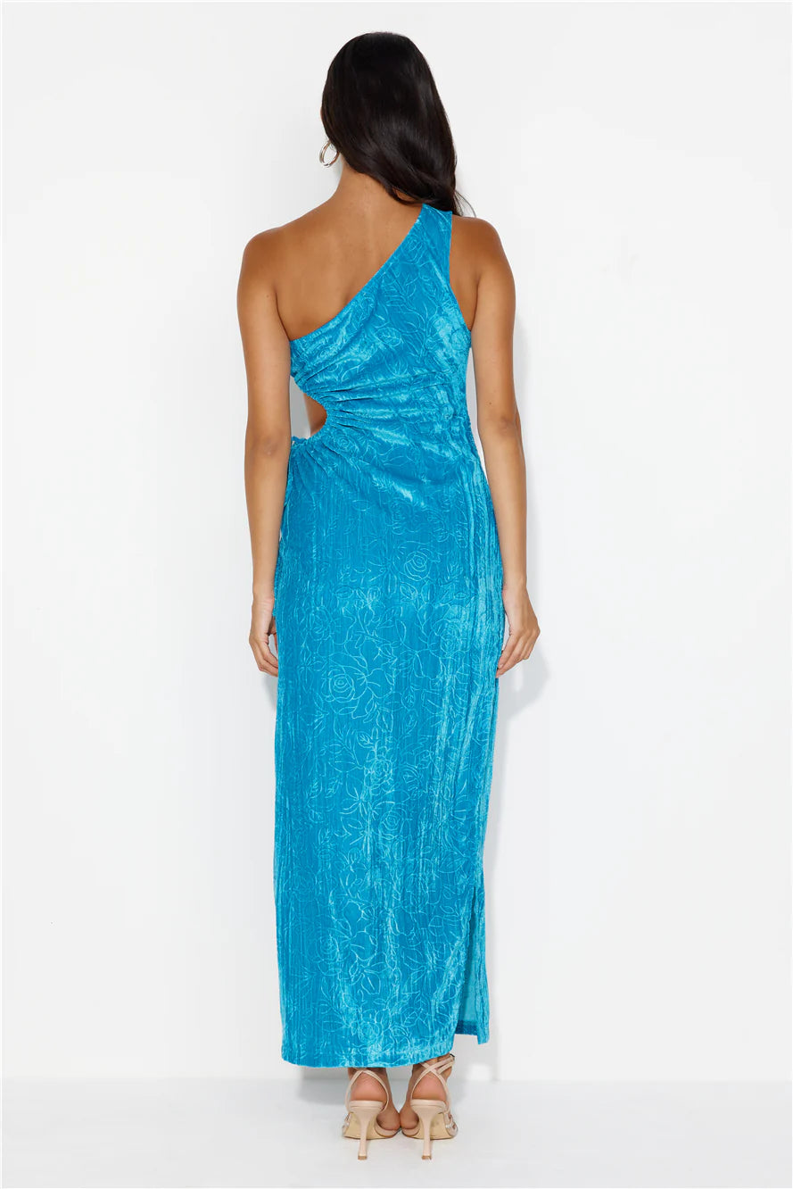 Universe Moons One Shoulder Velvet Maxi Dress Blue