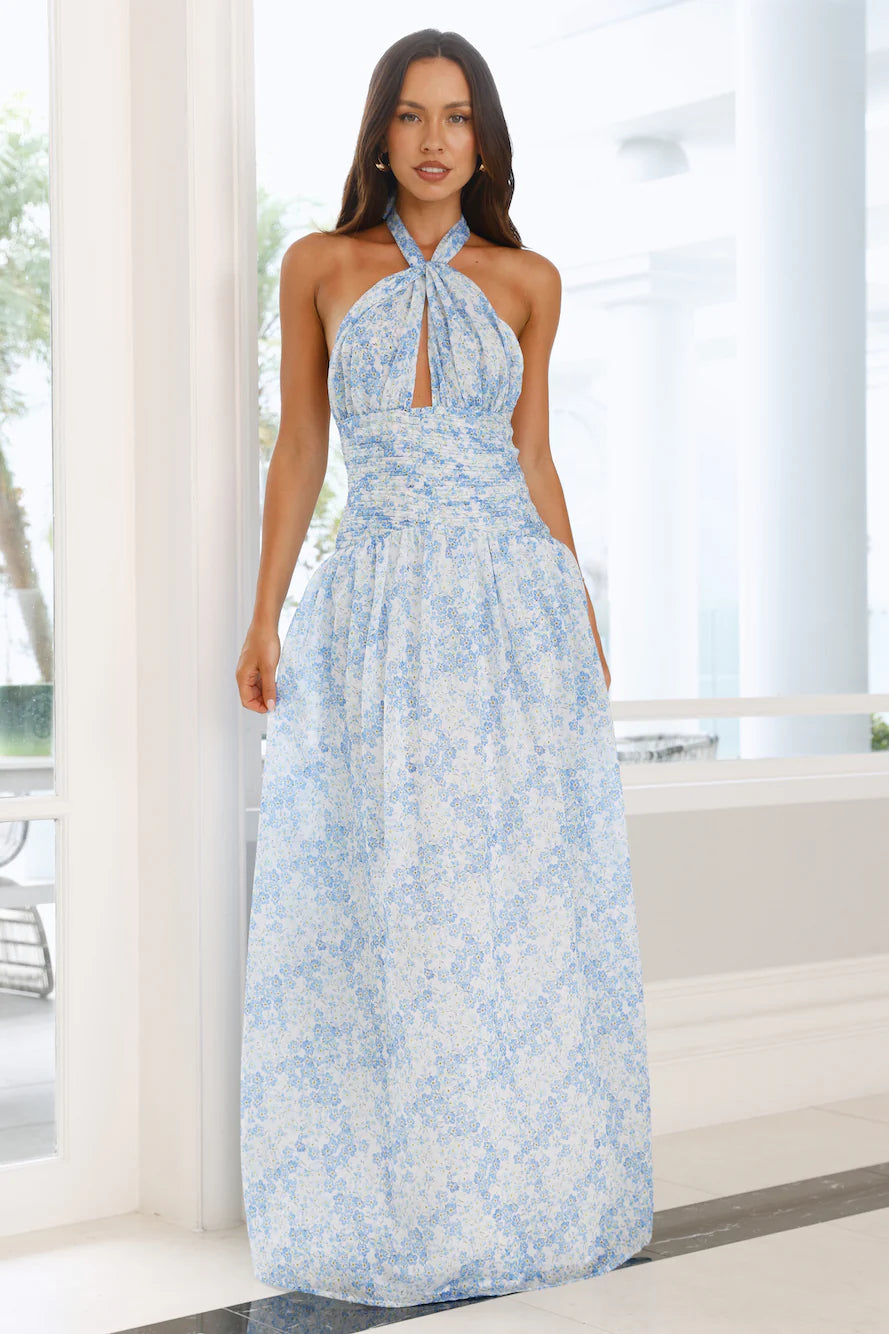 Drenched In Sunshine Halter Maxi Dress Blue