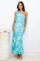 Glossy Girl One Shoulder Mesh Maxi Dress Aqua
